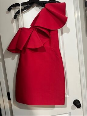 Halston Heritage One-Shoulder Red Ruffle Mini Dress